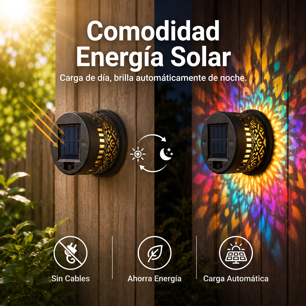 Lámpara de pared solar tipo mandala para exteriores: proyector decorativo para vallas de jardín y patios