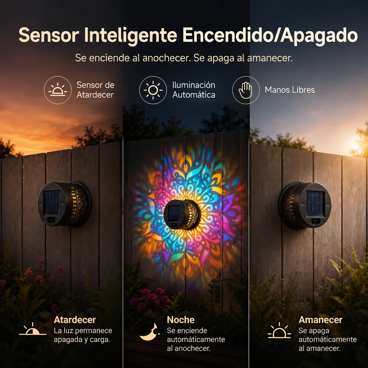 Lámpara de pared solar tipo mandala para exteriores: proyector decorativo para vallas de jardín y patios