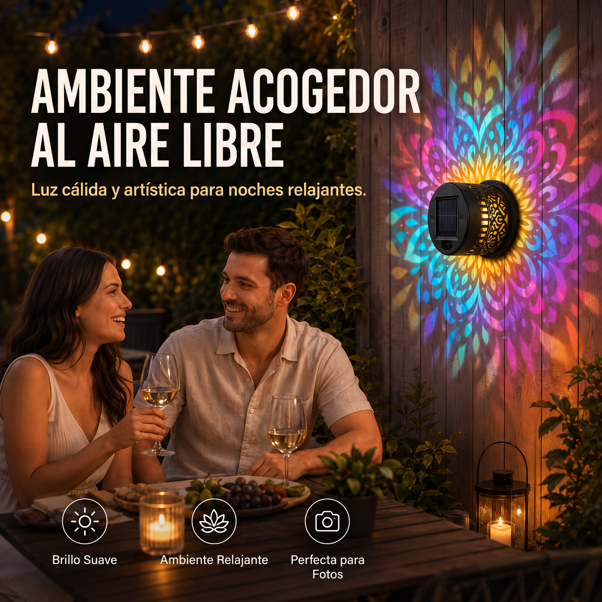 Lámpara de pared solar tipo mandala para exteriores: proyector decorativo para vallas de jardín y patios