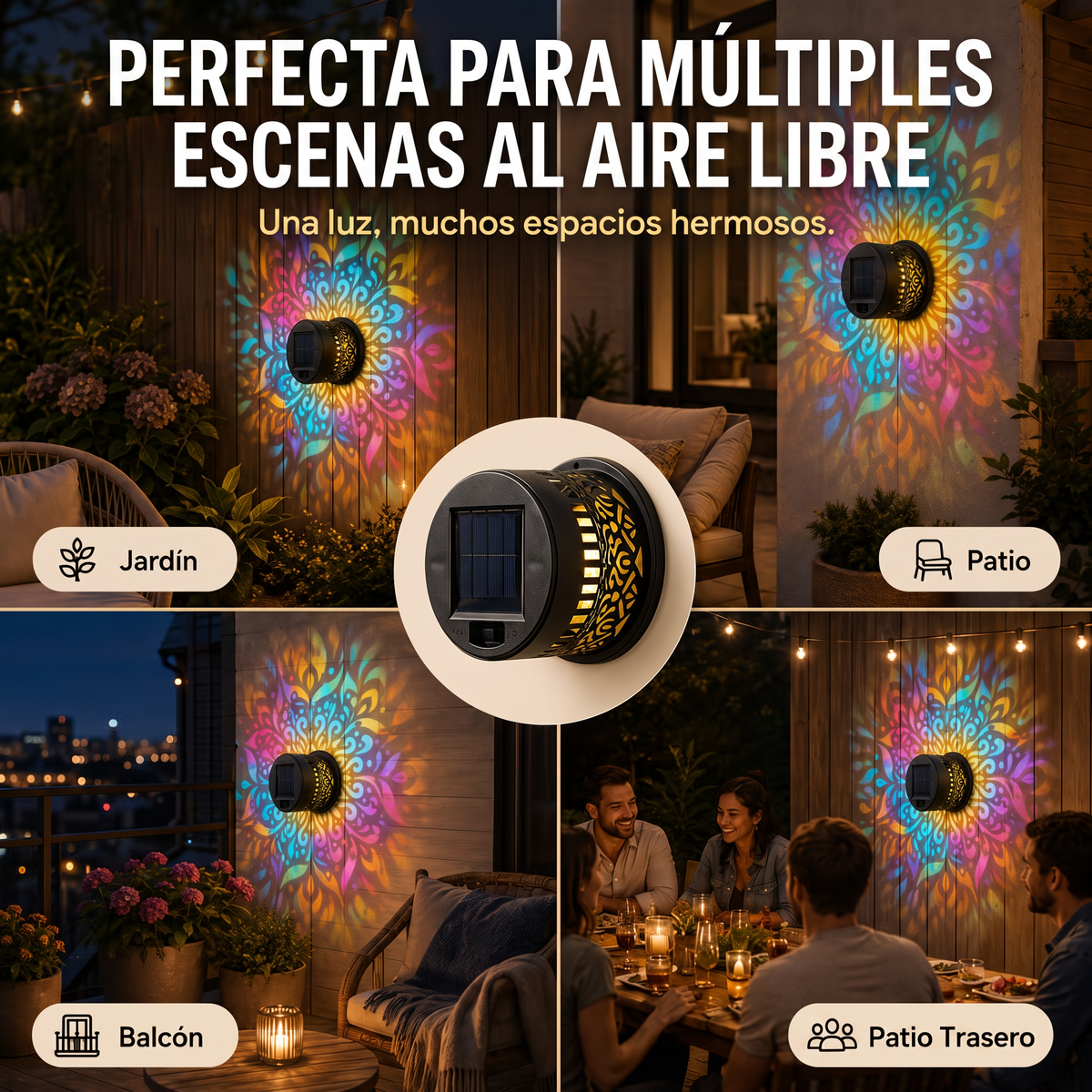 Lámpara de pared solar tipo mandala para exteriores: proyector decorativo para vallas de jardín y patios
