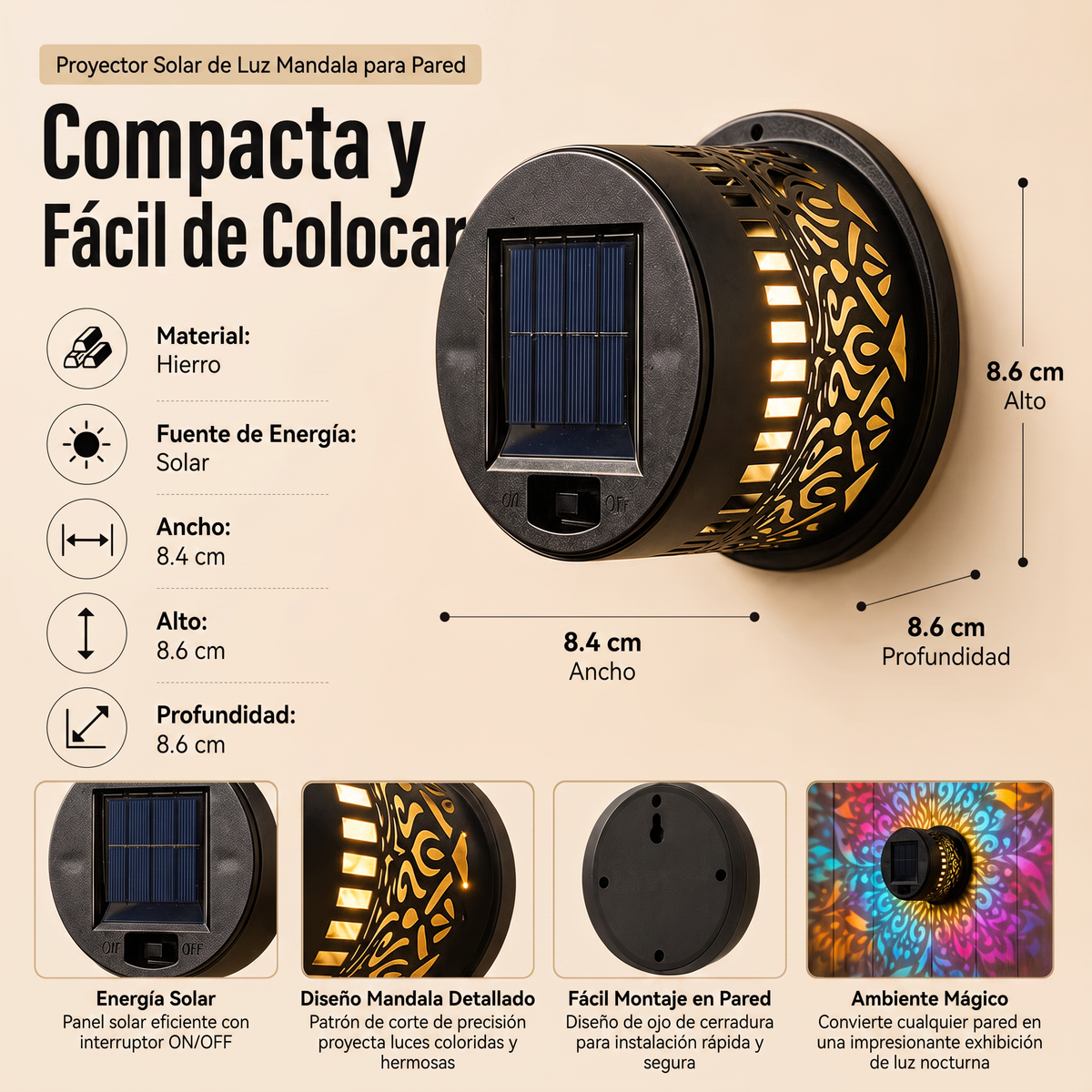 Lámpara de pared solar tipo mandala para exteriores: proyector decorativo para vallas de jardín y patios