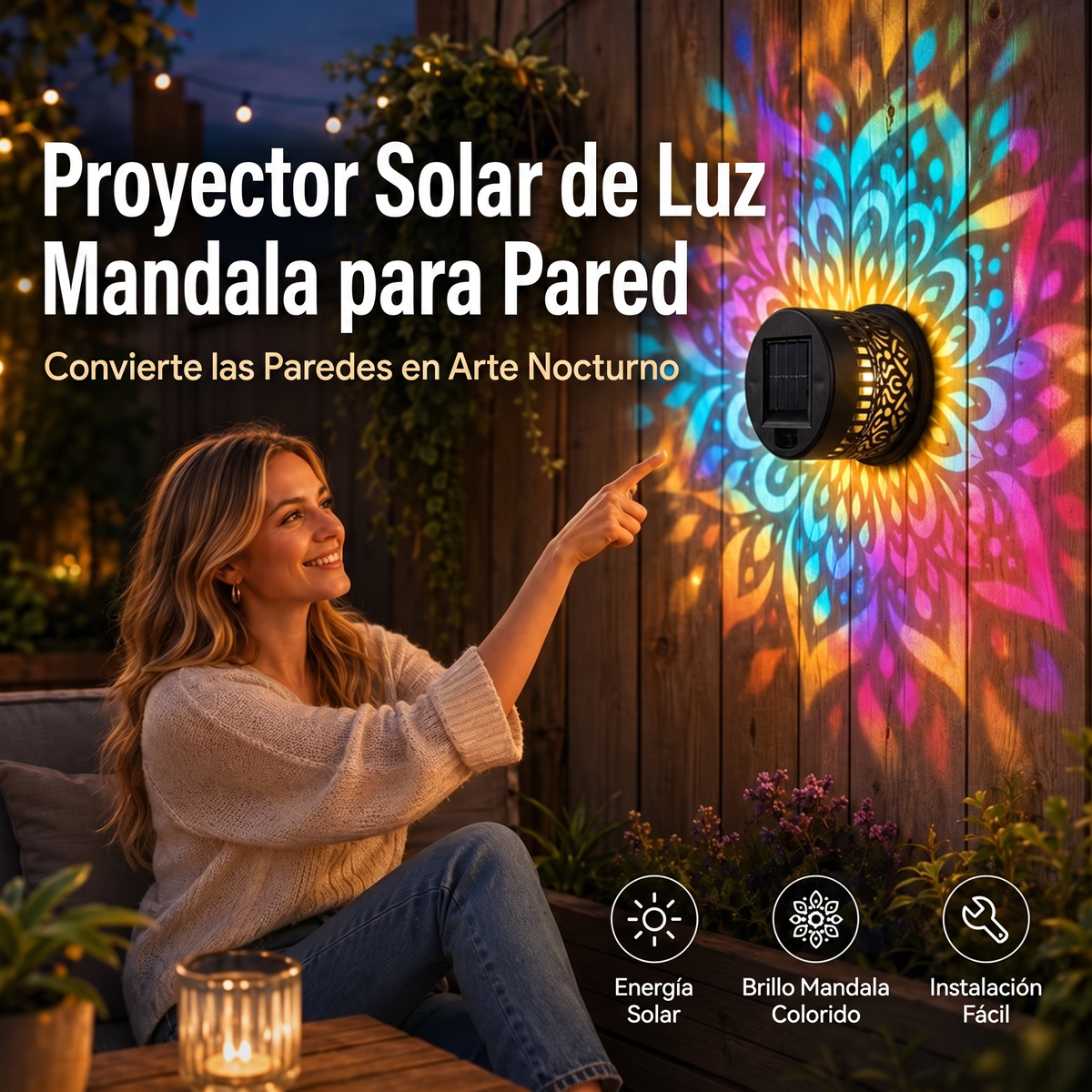 Lámpara de pared solar tipo mandala para exteriores: proyector decorativo para vallas de jardín y patios